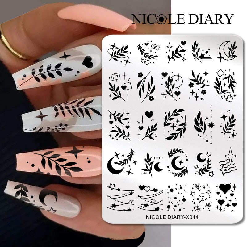 NICOLE DIARY Leaves Flower Stripe Design Stamping Plates Abstract Lady Face Nail Stamp Templates Leaf Floral Printing Stencil