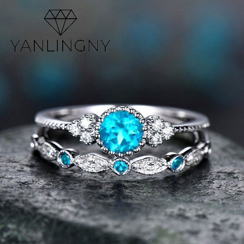 2Pcs/Set Classic Silver Plated Ring Green Blue Round Cut Created Birthstone Delicate Slim Ring for Women Bride Wedding Jewlery