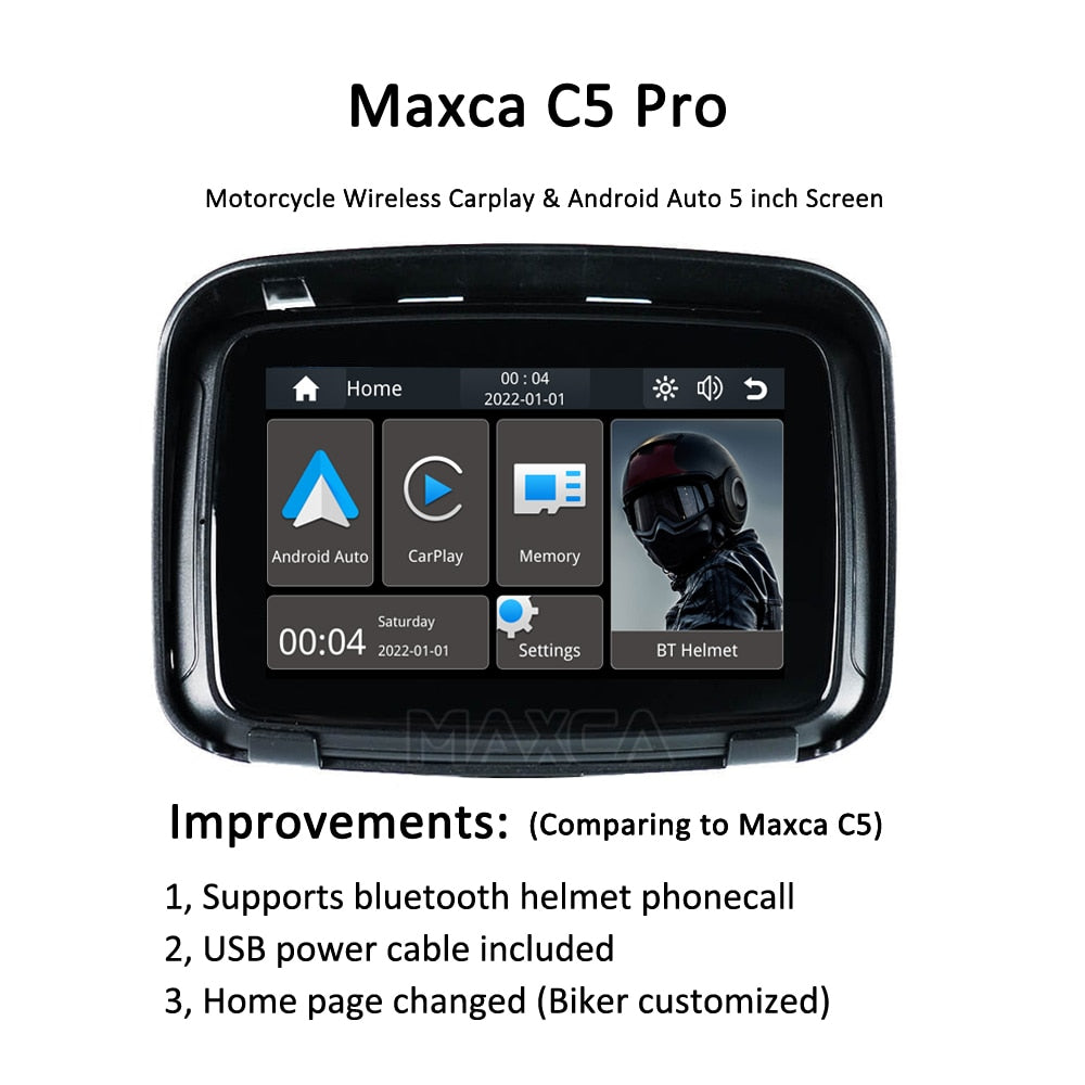 MAXCA XPLAY C5 pro Waterproof Wireless Android Auto Motorcycle Apple Carplay Screen Motorbike GPS Navigation Multimedia Player