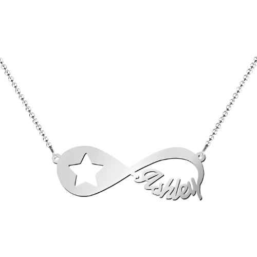 SILVER INFINITY STAR DESIGN PERSONALIZED  NAME PENDANT.