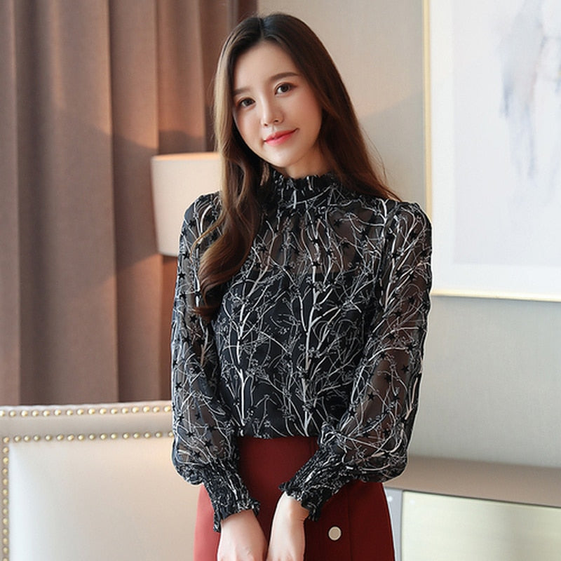 2023 Women Chiffon Blouses Casual Stand Collar Floral Women Clothing Long Sleeve Printed Shirt Women Tops Chemise Femme 6197 50