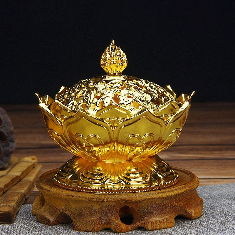 ERMAKOVA Lotus Flower Chinese Buddha Alloy Metal Incense Burner Incense Holder Handmade Censer Bowl Buddhist Home Decoration