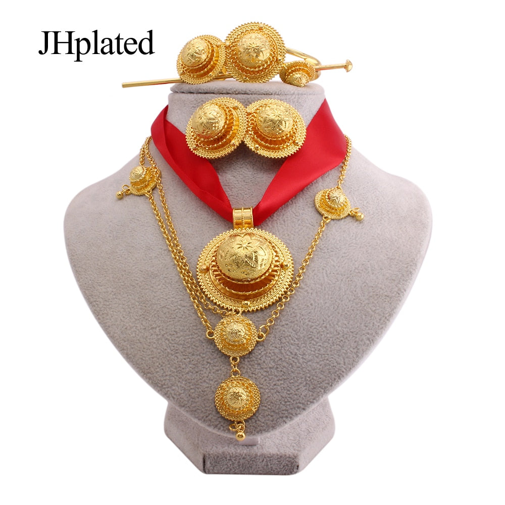 Luxury Gold plated bridal Jewelry sets for women Ethiopian Red rope pendant Hairpin necklace earrings bracelet ring wedding gift