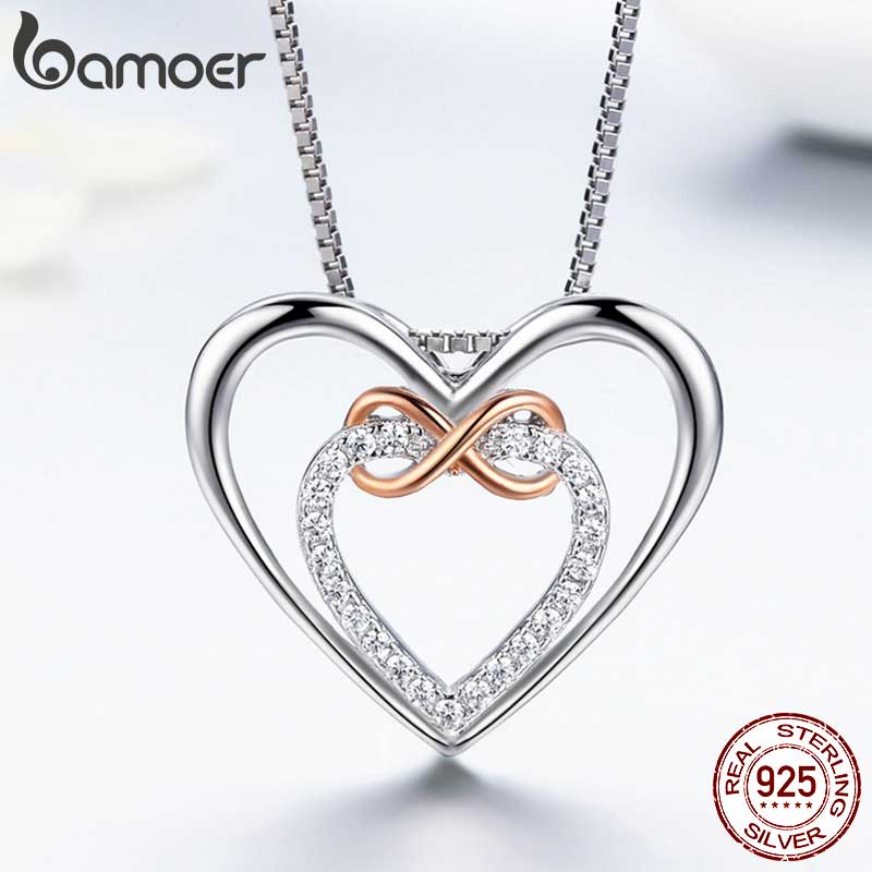 Bamoer 925 Sterling Silver Elegant Double Heart Infinity Love Pendant Necklace for Women Fine Jewelry Anniversary Gift SCN121