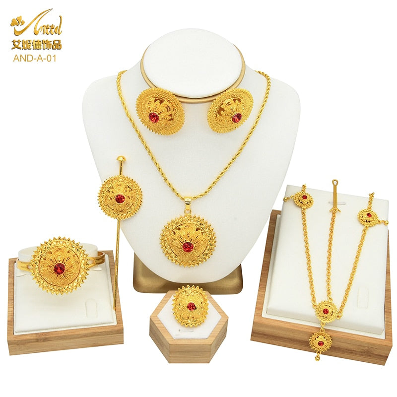 Women's six Piece Ethiopian Flower Shape Plated Jewelry Sets Nigerian Wedding Party Gifts Luxury Necklace Set