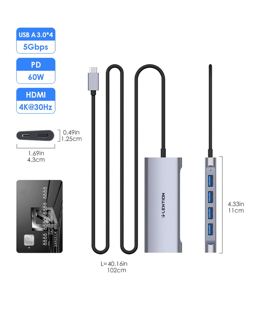 LENTION USB C Hub 4K@60Hz @30Hz HDMI USB-A 3.0 PD60W Multiport Adapter for M1 M2 MacBook/Pro/Air iPad Surface TypeC 1M Cable HUB