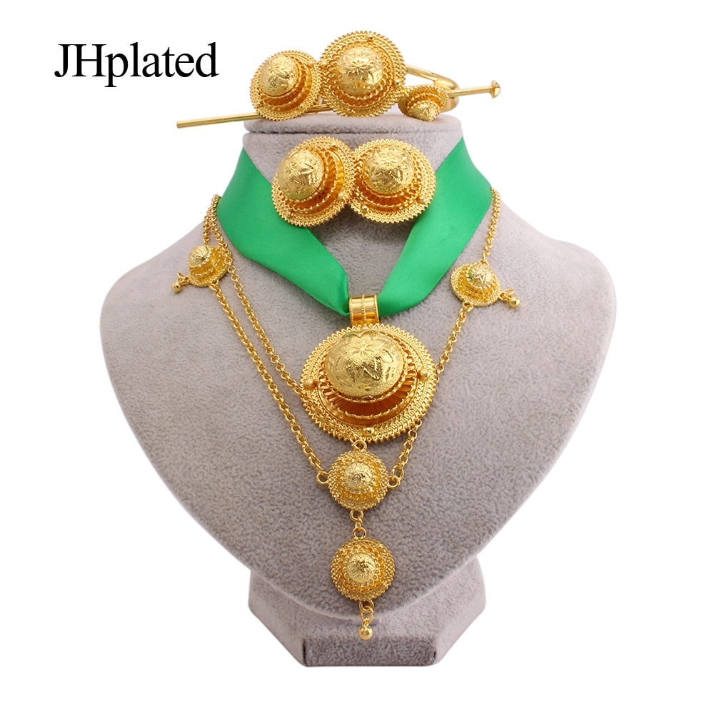 Luxury Gold plated bridal Jewelry sets for women Ethiopian Red rope pendant Hairpin necklace earrings bracelet ring wedding gift