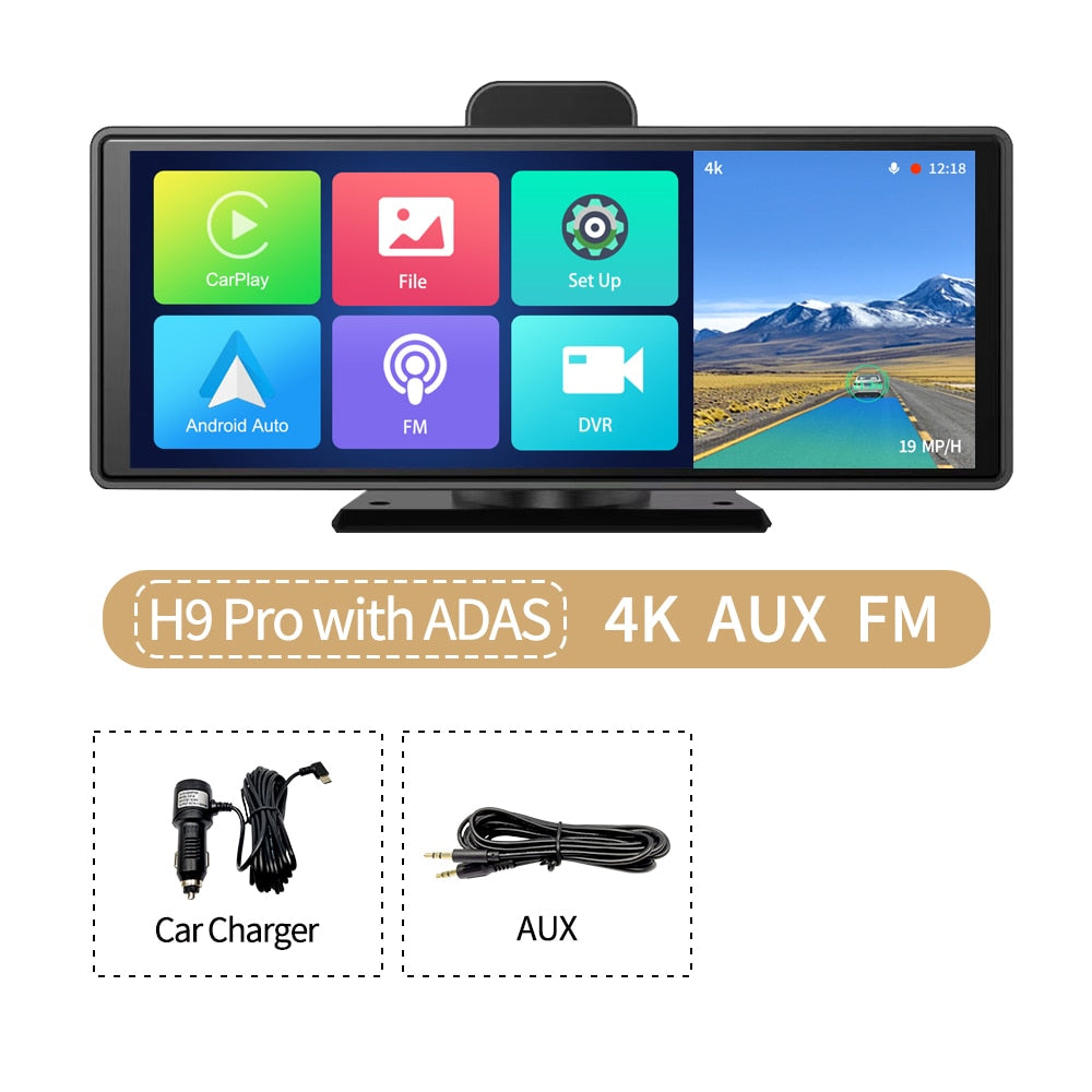 10.26" Wireless CarPlay & Android Auto Dash Cam ADAS Touch Screen 4K DVRs GPS Navigation Dashboard Video Recorder 24H Park AUX