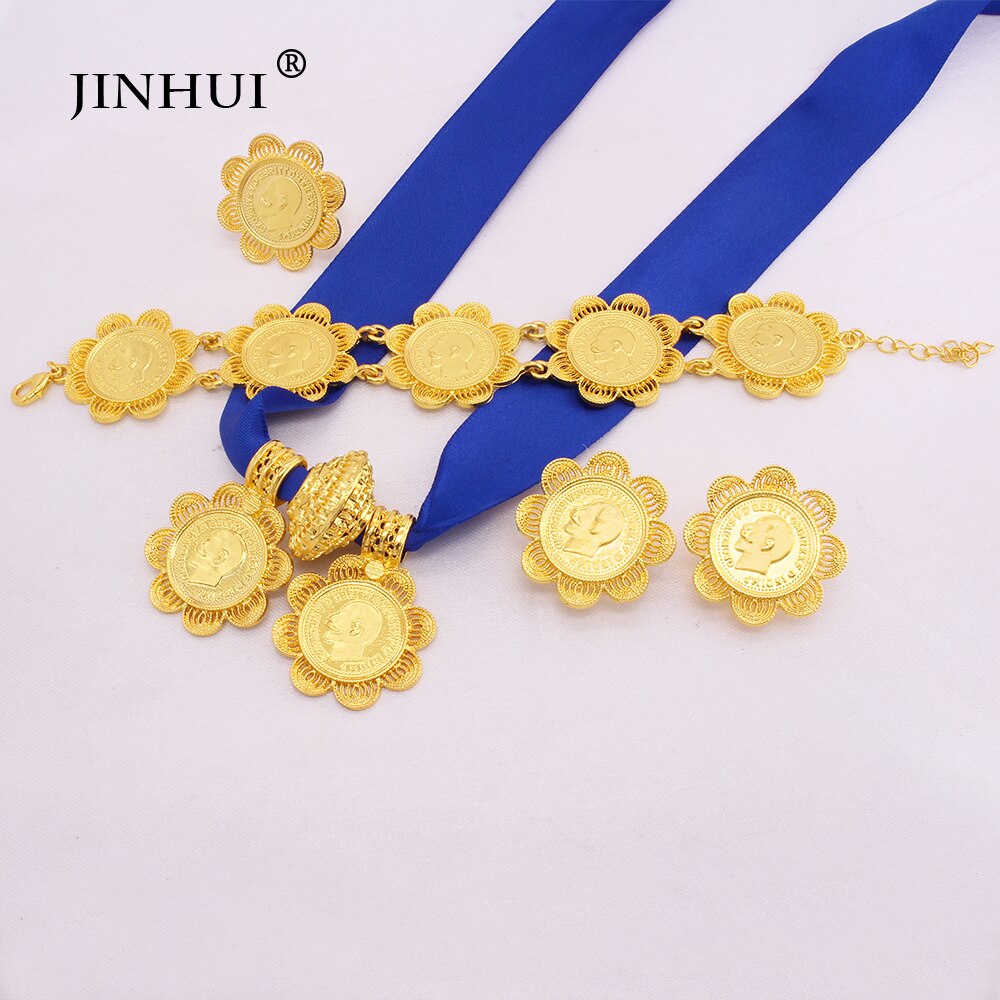 Ethiopian classic gold plated Big Coin Pendant Necklace Earring Ring  jewelry sets for women Dubai African wedding bridal gifts