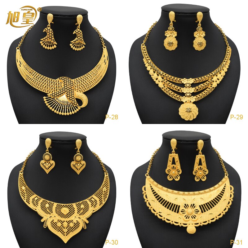 XUHUANG Ethiopian Gold Plated Jewelry Set For Women Dubai Bridal Wedding Necklace And Earring Set Moroccan African Jewelry Gift