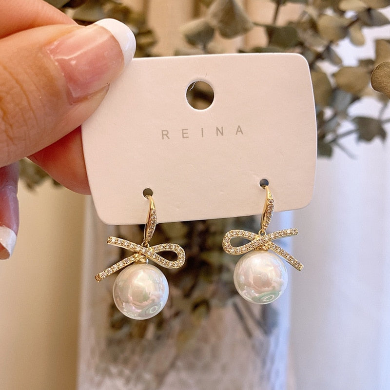 Rose Gold Pearl Flower Dangle Earrings for Women Silver Needle Full Rhinestone Korean Fashion Jewelry 2023 Accessories