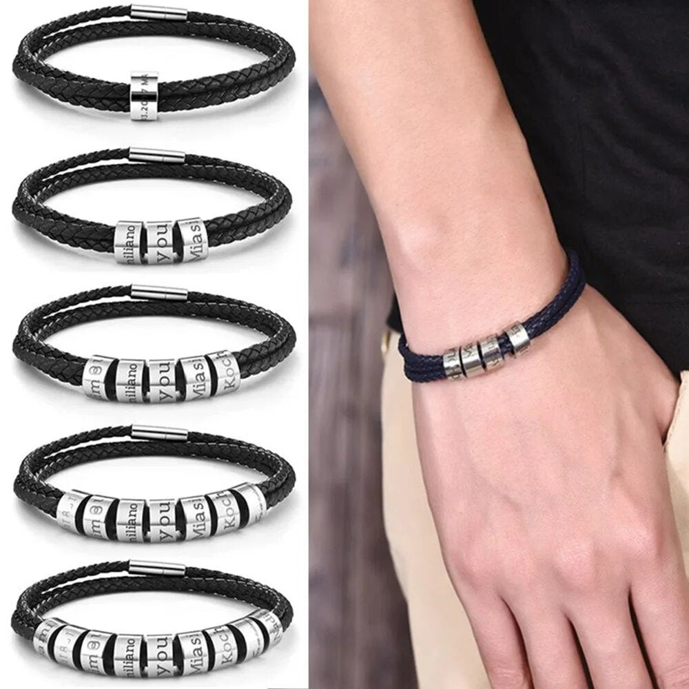 Customized Name Bracelet Stainless Steel Beads Genuine Leather Bangle Personalized Name Accessories Men Bracelets