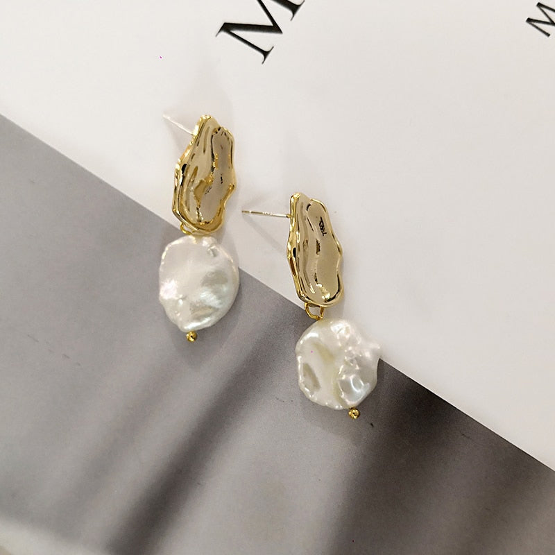 Peris's box Large Flat Freshwater Pearl Drop Earrings for Women Gold Color Metal White Baroque Pearl Earrings Jewelry Hot Selling
