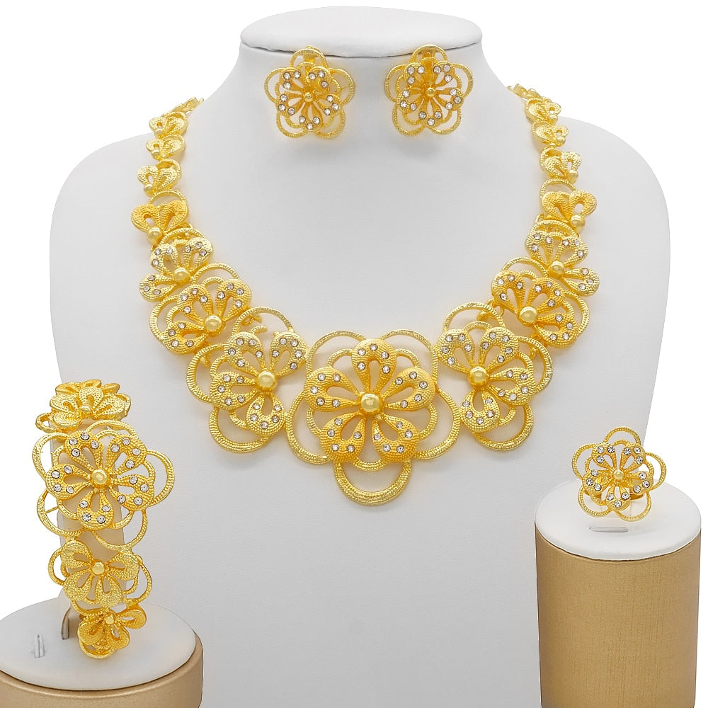 Dubai Indian Gold Color Necklace Bracelet Earrings Ring Jewelry Sets For Women Ethiopian Nigerian Bridal Wedding Jewellery Gifts