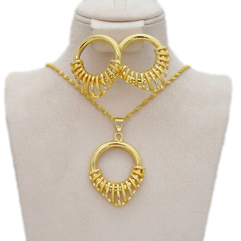 24k Gold Plated Ethiopian Earrings Pendant Necklace Set Dubai Women's Jewelry Set Africa India Nigeria Wedding Gift Party Jewelr