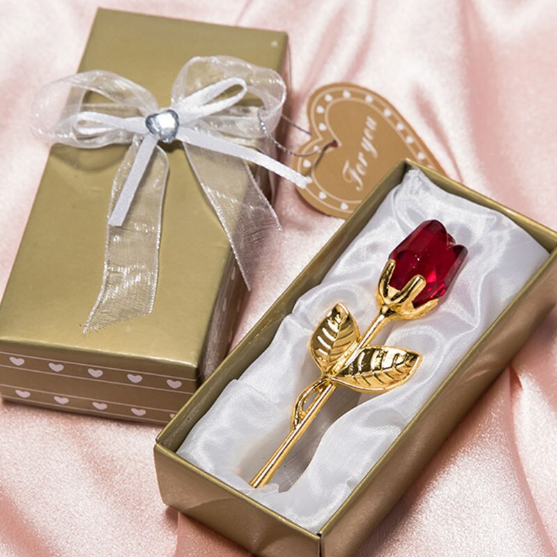 Romantic Valentines Day Gift Red Pink Crystal Glass Rose Flower Wedding Favors Artificial flower With Box Mother&#39;s Day Gift