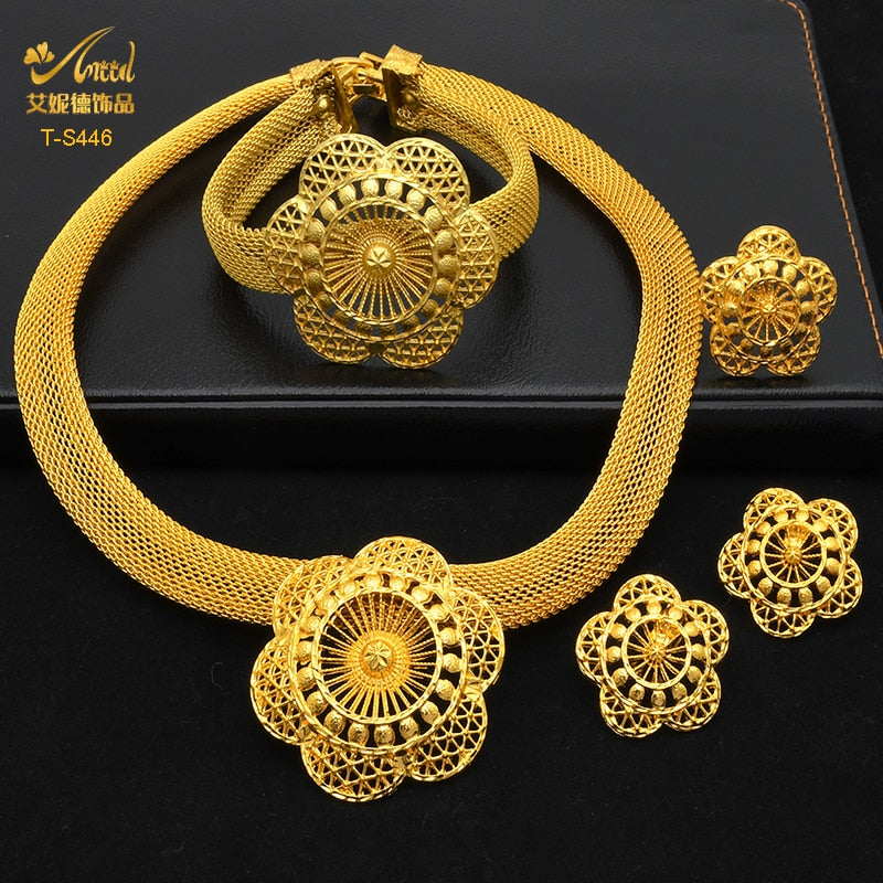 ANIID Ethiopian Gold Plated Jewelry Set For Women Bridal Dubai Jewellery Wedding Brazilian Eritrean African Earring Necklace Set