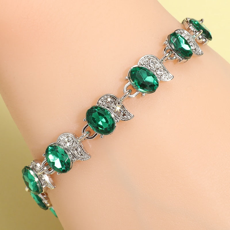 Elegant Green Oval Crystal Cross Link Bracelet Luxury Fashion Accessories Tennis Bracelet for Women