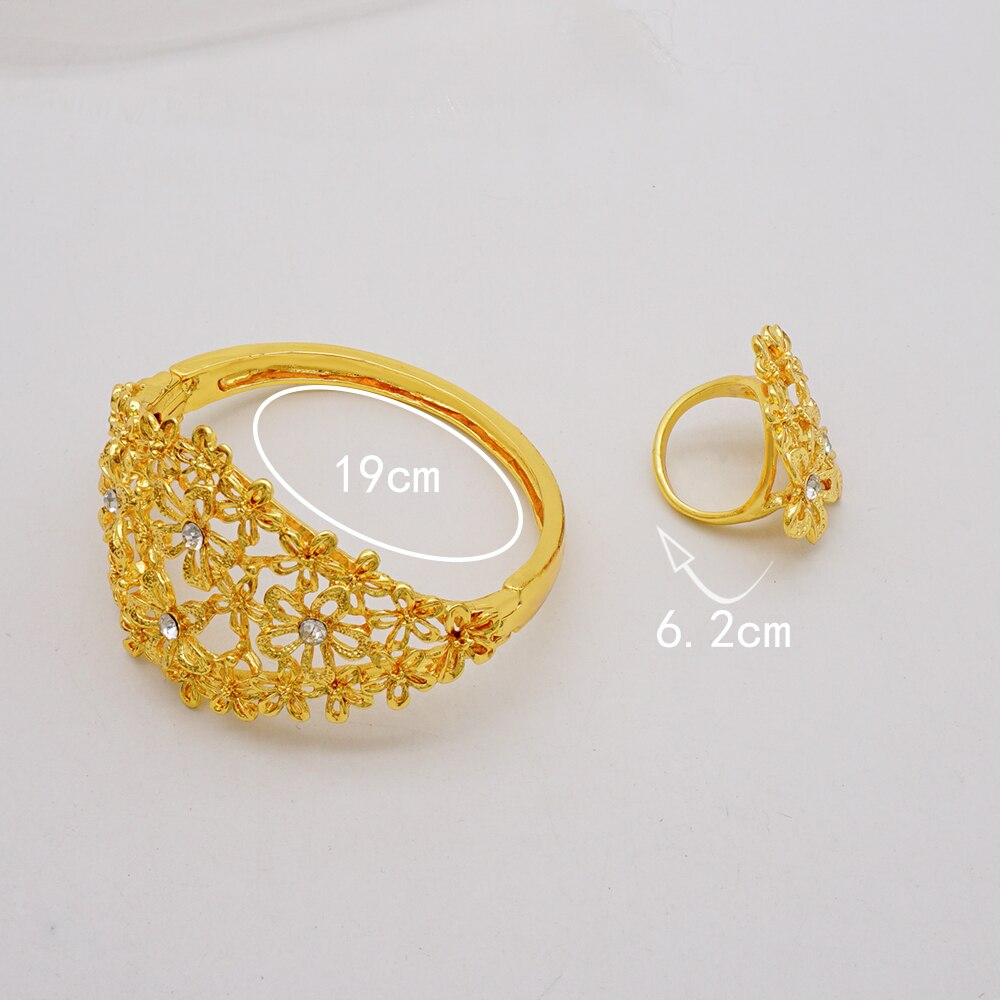 Fine Dubai Gold Color Hollow Out Flower Bracelet For Women African Bangle Ring Ethiopian Jewelry Bridal Wedding Gifts Party