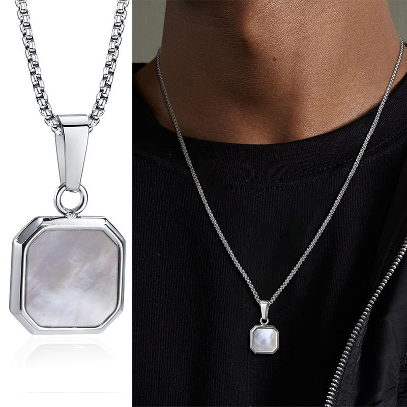 Vnox Geometric Square Necklaces for Men, Enamel Square Pendant with Rope Cuban Figaro Box Chain, Casual Vintage Cool Collar