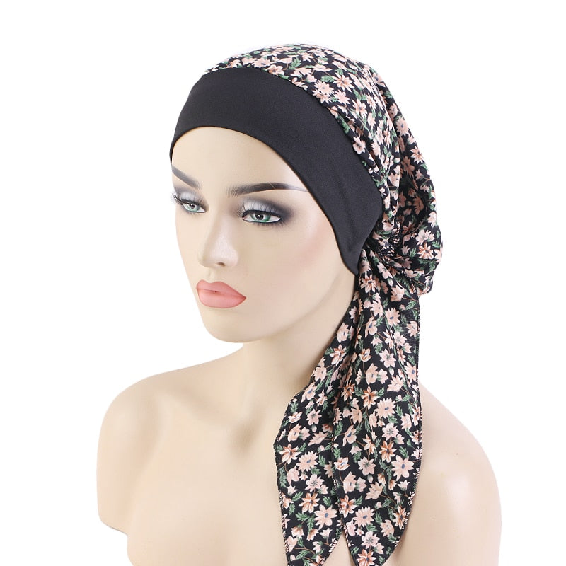 Women Printed Pre-tie Headscarf Elastic Muslim Female Turban Cancer Chemo Hat Hair Loss Cover Head Wrap Headwear Stretch Bandana