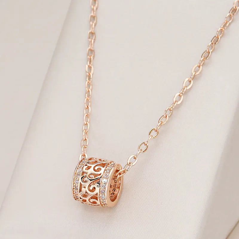 Kinel Luxury Hollow Flower Necklace Micro-wax Inlay Natural Zircon 585 Rose Gold Round Long Pendants Women Fine Fashion Jewelry