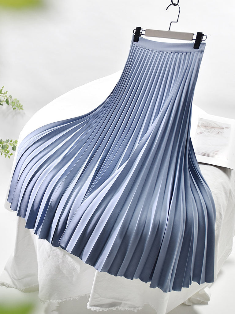 Brand Designer Women Spring Autumn Elegant Chic Solid Pleated Skirt High Waist Luxury Fashion With Elastic Female C-035