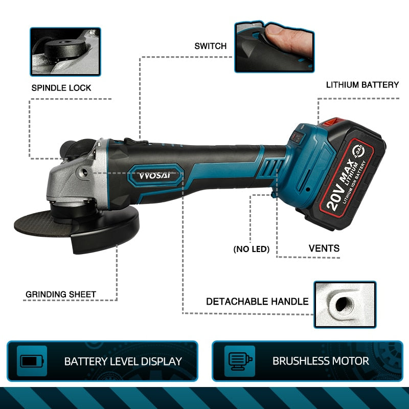 VVOSAI M14 Cordless Angle Grinder 20V Lithium-Ion Grinding Machine Cutting Electric Angle Grinder Grinding Brushless Power Tool