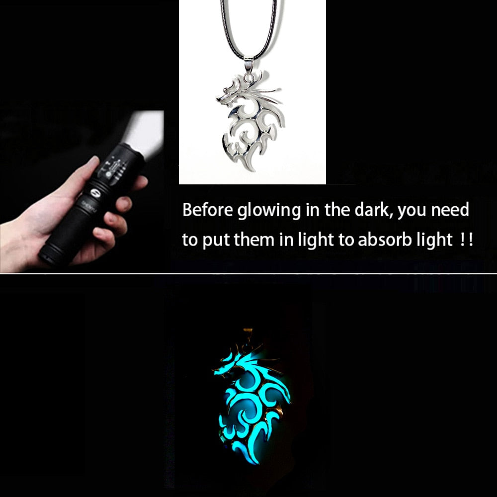 Glow-in-the-Dark Necklace for Men or Women with Luminous Dragon Necklace Glowing Night Fluorescence Antique Silver-Plated Halloween.