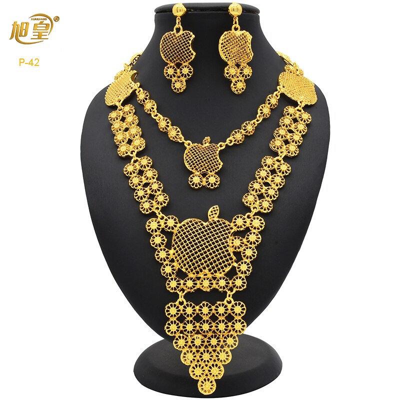 XUHUANG Ethiopian Gold Plated Jewelry Set For Women Dubai Bridal Wedding Necklace And Earring Set Moroccan African Jewelry Gift