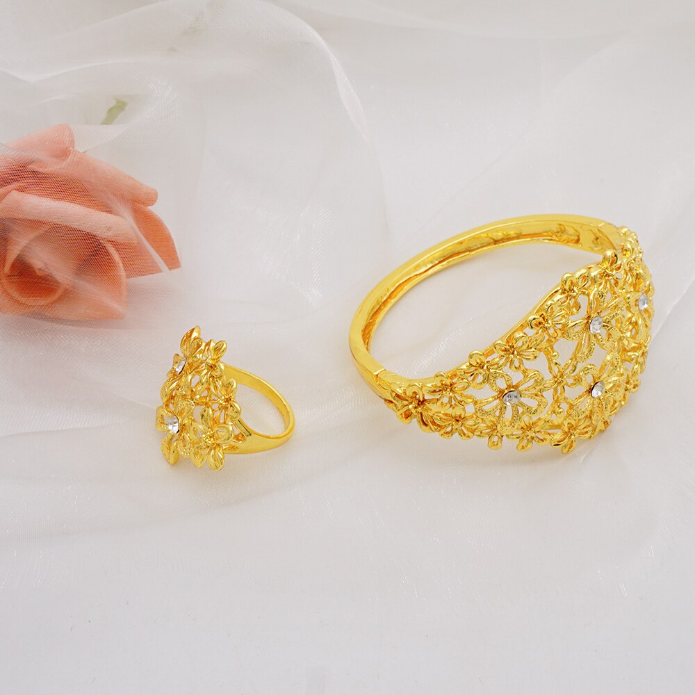 Fine Dubai Gold Color Hollow Out Flower Bracelet For Women African Bangle Ring Ethiopian Jewelry Bridal Wedding Gifts Party