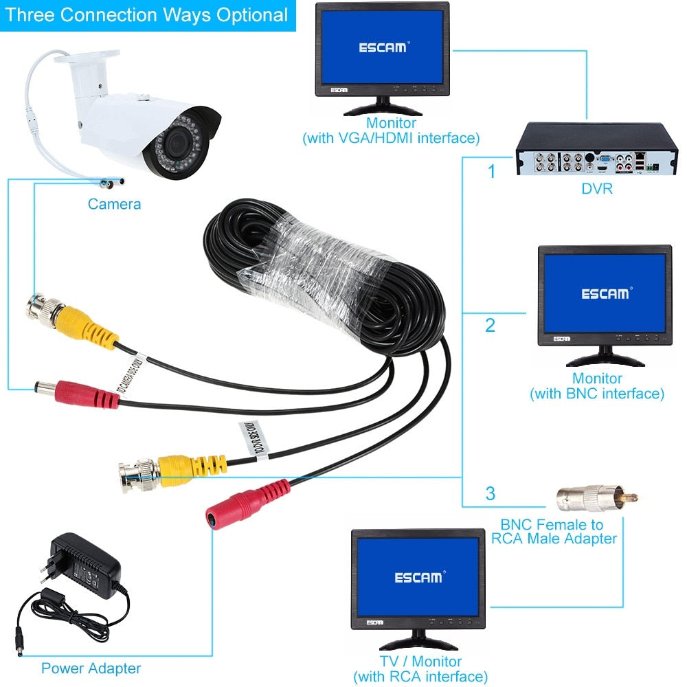 ESCAM 10~60M CCTV DVR Camera Recorder system Video Cable DC Power Security Surveillance BNC Cable