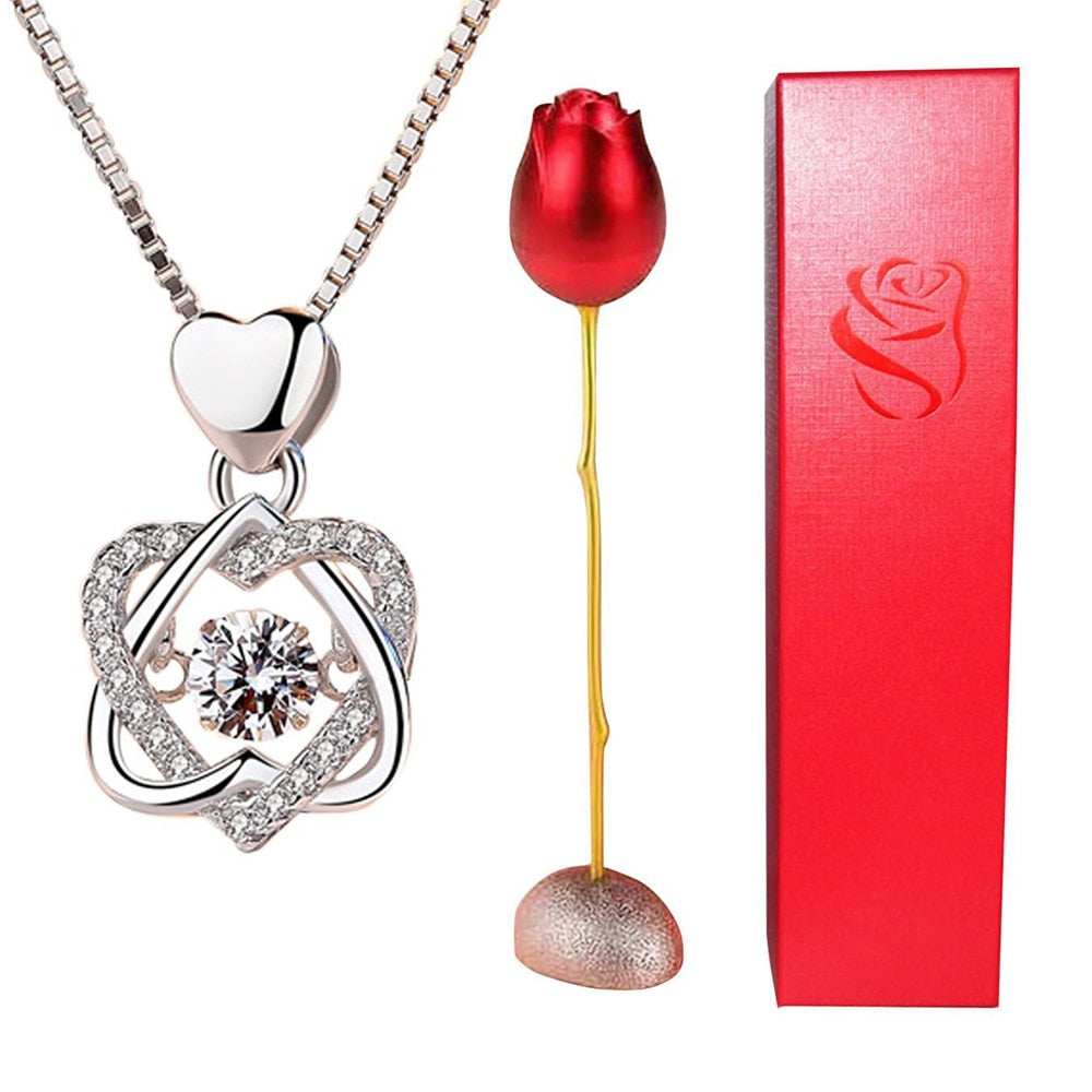 Rose Holder Eternal Love Necklace Set Romantic Rhombus Zircon Pendant With Immortal Valentines&#39; Day Gifts