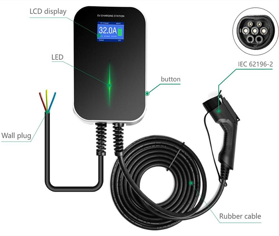 EVSE Wallbox 7kw 32A EV Car Charger Wallmount Electric Vehicle Charging Station Type 2 Ev Cable IEC 62196-2 1 Phase for Audi BMW