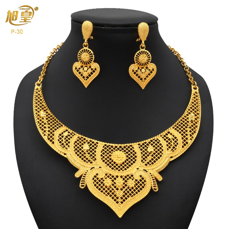 XUHUANG Dubai 24K Plated Necklace Earring Set Arabic Ethiopian Nigerian Banquet Wedding Party Necklace Choker Jewellery Set Gift