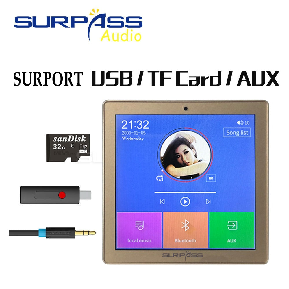 Smart Home Audio 2/4 Channel Wireless Bluetooth Mini Amplifier 4'' Touch Screen FM Radio AUX TF Card Function In Wall Amplifier