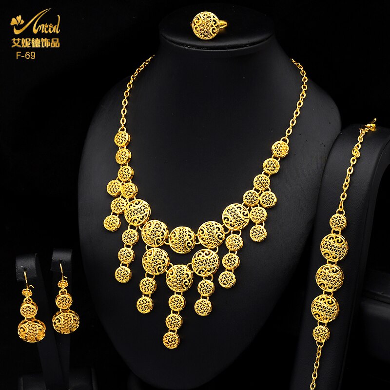 ANIID Dubai Tassel Gold Plated Jewelry Sets For Women Fashion Indian Bridal Necklace And Earring 4Pcs Set Ethiopian Party Gifts