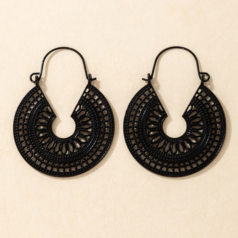 HuaTang Vintage Gold Silver Color Drop Earrings for Women Boho Geometric Carved Earrings Female Indian Ethnic Jewelry brincos