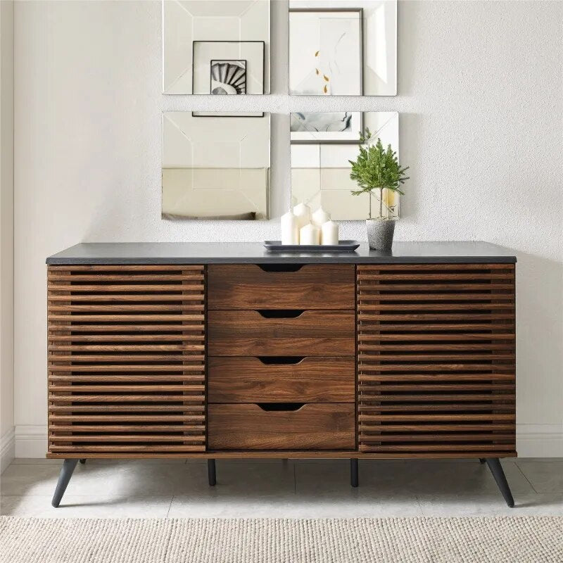 Modern Two Toned Sliding Slat Door Sideboard, Ebony/Dark Walnut