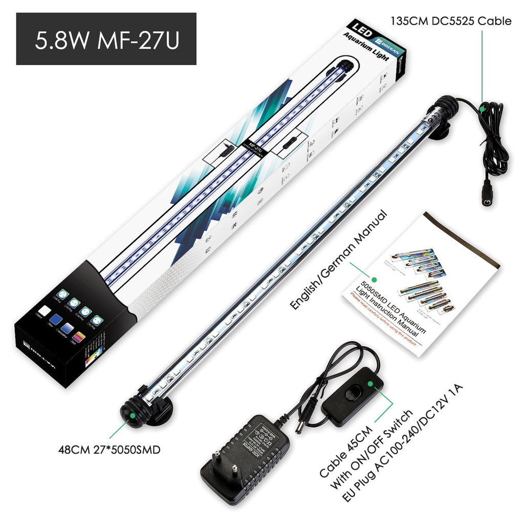 Barre lumineuse LED étanche pour aquarium, poisson précieux, bleu et blanc, 19 cm, 29 cm, 39 cm, 49cm, lampe à clip sous-marine SubSN, décor inclus UE