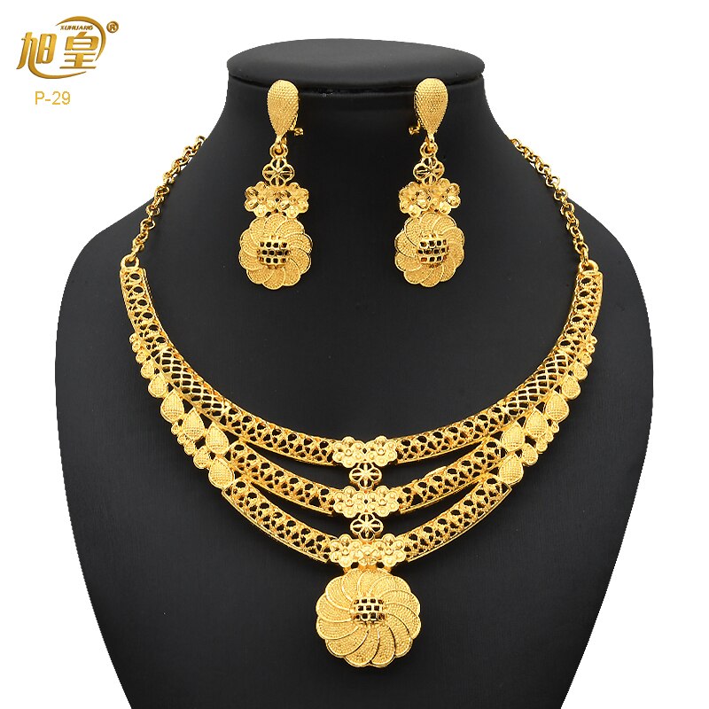 XUHUANG Dubai 24K Plated Necklace Earring Set Arabic Ethiopian Nigerian Banquet Wedding Party Necklace Choker Jewellery Set Gift