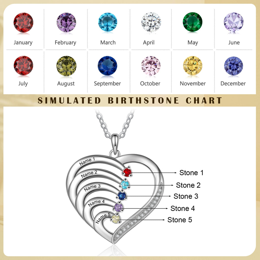 925 Sterling Silver Personalized Family Name Heart Necklaces for Women Customized Birthstone Engraving Mothers Necklace