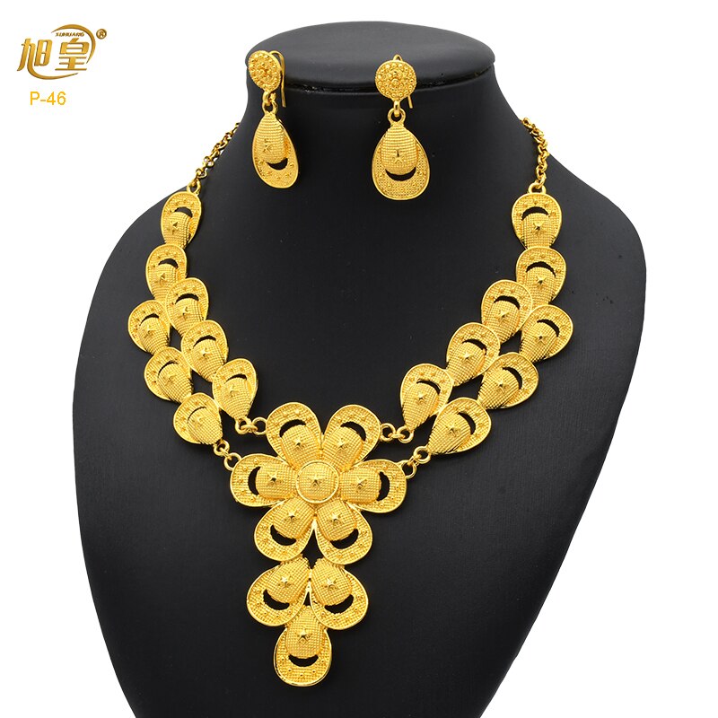 XUHUANG Dubai 24K Plated Necklace Earring Set Arabic Ethiopian Nigerian Banquet Wedding Party Necklace Choker Jewellery Set Gift