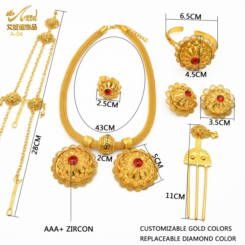 Women's six Piece Ethiopian Flower Shape Plated Jewelry Sets Nigerian Wedding Party Gifts Luxury Necklace Set