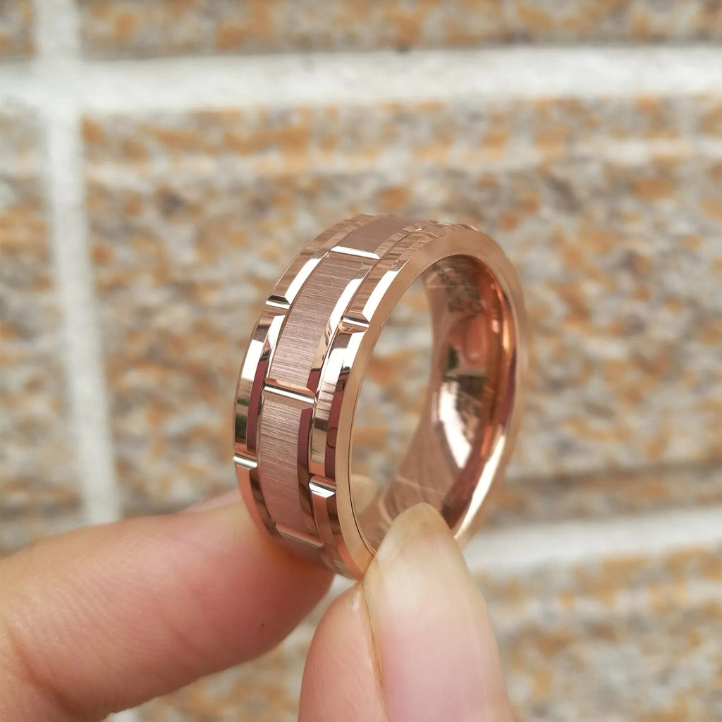 Newshe Men&#39;s Tungsten Carbide Ring 8mm Rose Gold Color Brick Pattern Brushed Bands for Him Wedding Jewelry TRX080