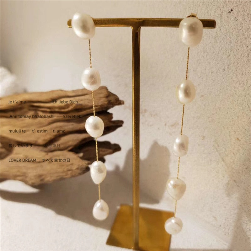 Peri&#39;sBox Long Thread Natural Freshwater Pearl Earrings Beaded Pearl Tassel Earrings for Women Elegant Minimalist Jewelry 2020