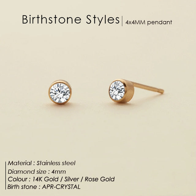 Women's 12 Colors Stainless Steel Crystal Birthstone Stud Piercing Earrings Jewelry.