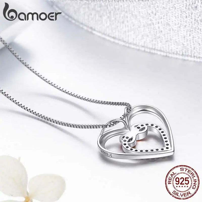 Bamoer 925 Sterling Silver Elegant Double Heart Infinity Love Pendant Necklace for Women Fine Jewelry Anniversary Gift SCN121