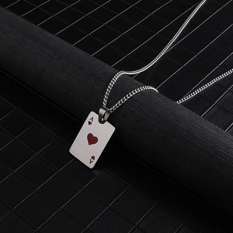 Men Statement Poker Lucky Ace of Spades Pendant Necklace Red Black Silver Color Stainless Steel Long Chain Necklaces Jewelry