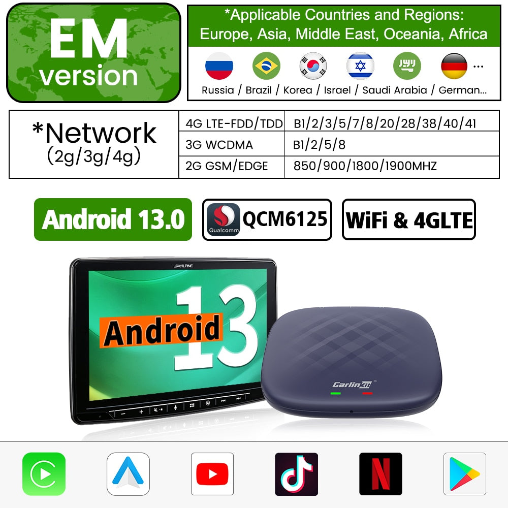 Android 13 CarlinKit Android Auto Wireless CarPlay AI TV Box QCM6125 8-Core Split Screen 64G 128G For Netflix YouTube Play Store
